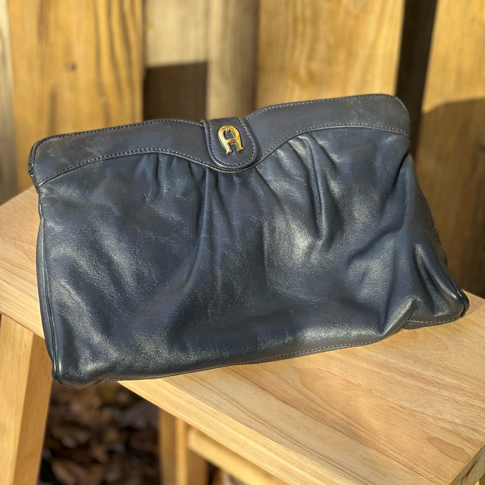 Vintage Etienne Aigner Dark Blue Large Leather Clutch Purse